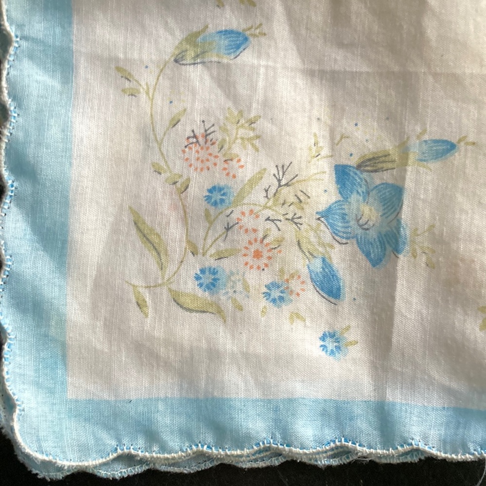 Ladies Vintage Handkerchief -11-1/2” - White with floral design. Signed “Russel”